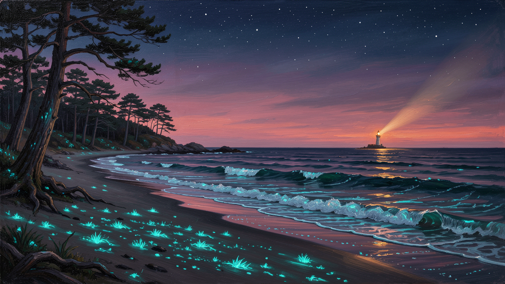 Bioluminescent Shore at Twilight by Skylar